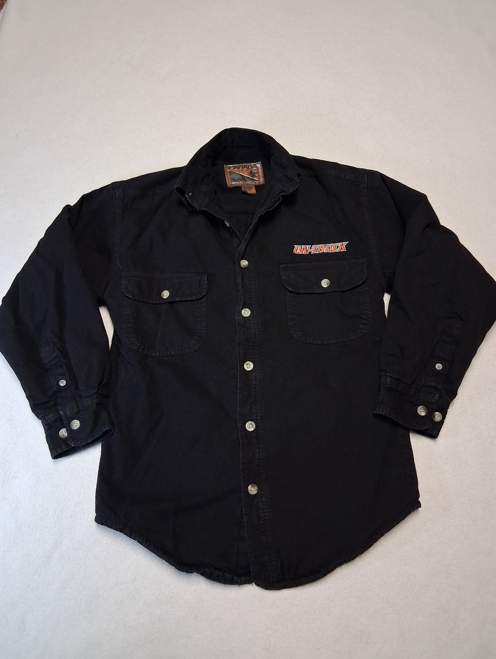 4/20$ ON-TRACK Black Button-Up Work Shirt Jacket With Warm Lining  withChestlogo - Picture 1 of 8